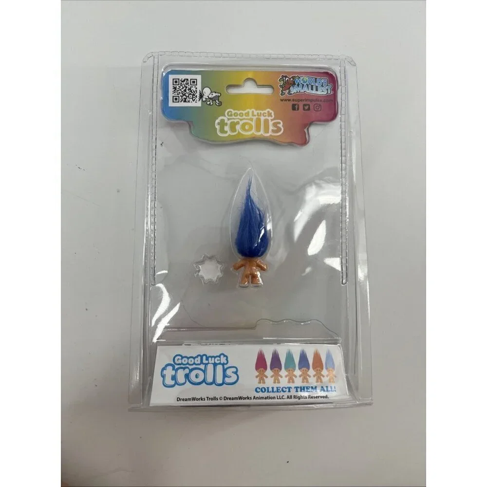 Rare! Hard To Find, Worlds Smallest BLUE Hair Good Luck Troll W/ Gemstone